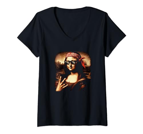 Damen Mona Lisa Meme Sonnenbrille T-Shirt mit V-Ausschnitt von Coole Sonnenbrille Mona Lisa
