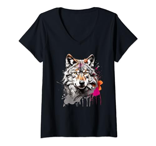 Damen Wolf mit bunten Farbspritzern Wölfe und Waldtiere T-Shirt mit V-Ausschnitt von Coole Wolf & Waldtier Designs für Tier Fans