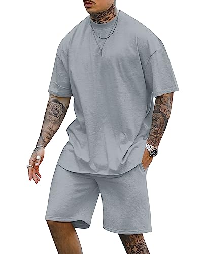 Cooleep Herren T-Shirt und Shorts Set 2 Teiliges Sommer Trainingsanzug Jogginganzug Kurzarm Casual Freizeitanzug Tracksuit für Männer Grau 3XL von Cooleep