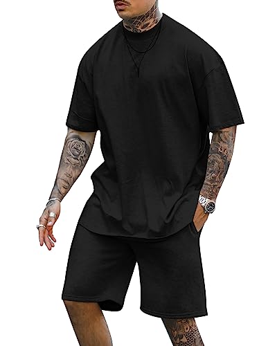 Cooleep Herren T-Shirt und Shorts Set 2 Teiliges Sommer Trainingsanzug Jogginganzug Kurzarm Casual Freizeitanzug Tracksuit für Männer Schwarz XL von Cooleep