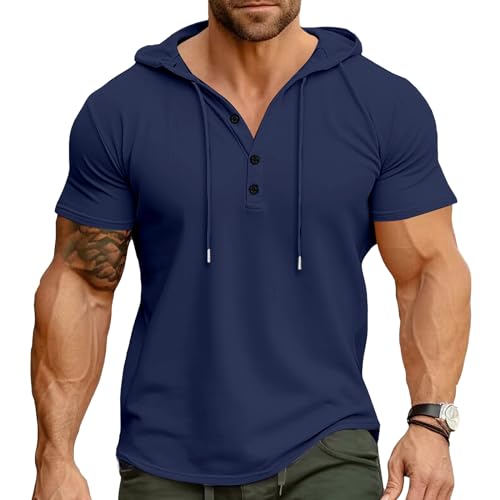 Cooleep Herren T-Shirts Sommer Hoodie Kapuzenpullover Kurzarm Tshirt Baumwoll für Männer Freizeit Sport Navy M von Cooleep