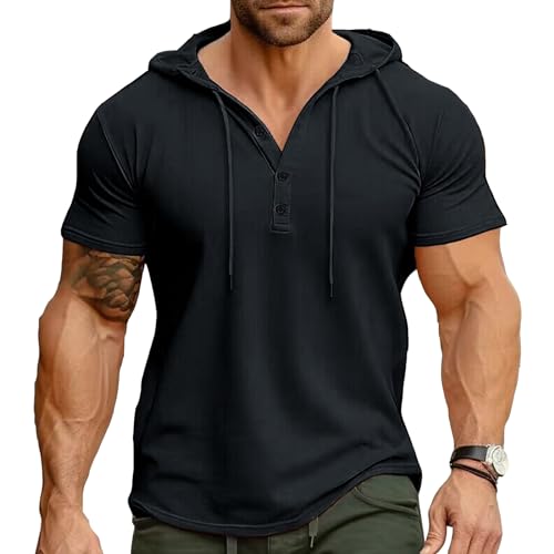 Cooleep Herren T-Shirts Sommer Hoodie Kapuzenpullover Kurzarm Tshirt Baumwoll für Männer Freizeit Sport Schwarz 3XL von Cooleep