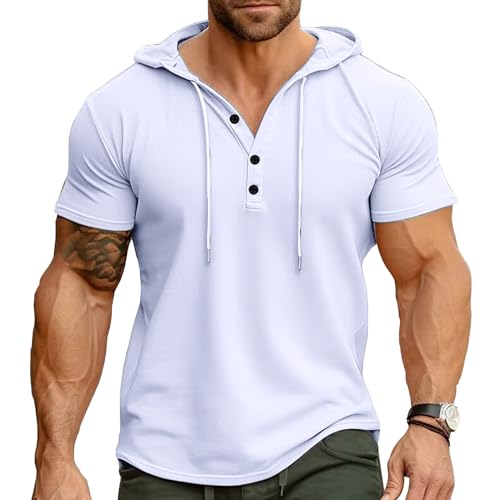 Cooleep Herren T-Shirts Sommer Hoodie Kapuzenpullover Kurzarm Tshirt Baumwoll für Männer Freizeit Sport Weiß 3XL von Cooleep