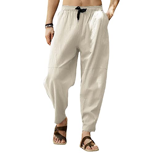 Cooleep Leinenhose Herren Sommerhose Herren Leicht Yogahose Freizeithose mit Elastische Gürtel Beige 4XL von Cooleep