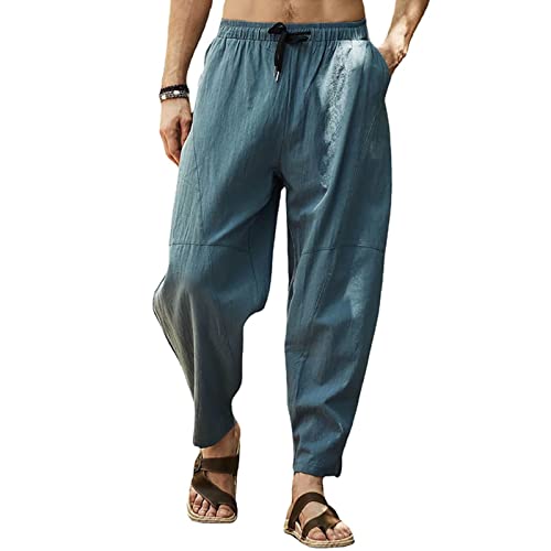 Cooleep Leinenhose Herren Sommerhose Herren Leicht Yogahose Freizeithose mit Elastische Gürtel Blau L von Cooleep