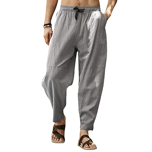 Cooleep Leinenhose Herren Sommerhose Herren Leicht Yogahose Freizeithose mit Elastische Gürtel Grau 4XL von Cooleep