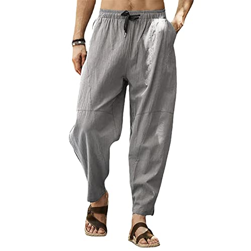 Cooleep Leinenhose Herren Sommerhose Herren Leicht Yogahose Freizeithose mit Elastische Gürtel Grau XXL von Cooleep