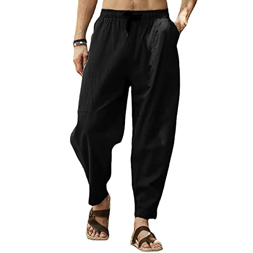 Cooleep Leinenhose Herren Sommerhose Herren Leicht Yogahose Freizeithose mit Elastische Gürtel Schwarz XL von Cooleep