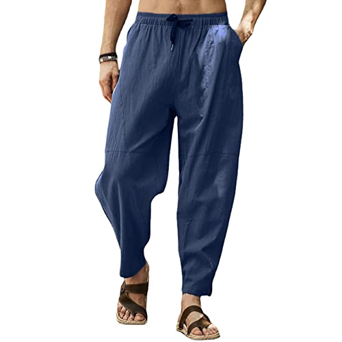 Cooleep Leinenhose Herren Sommerhose Herren Leicht Yogahose Freizeithose mit Elastische Gürtel Tiefblau M von Cooleep