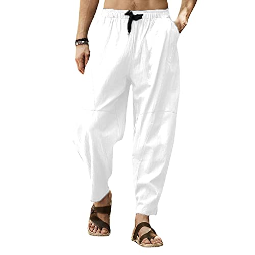 Cooleep Leinenhose Herren Sommerhose Herren Leicht Yogahose Freizeithose mit Elastische Gürtel Weiß 4XL von Cooleep