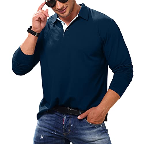 Cooleep Poloshirt Herren Langarm Baumwoll Polo Shirts Männer Long Sleeve Golf Polohemd Langarmshirt Herren Blau L von Cooleep