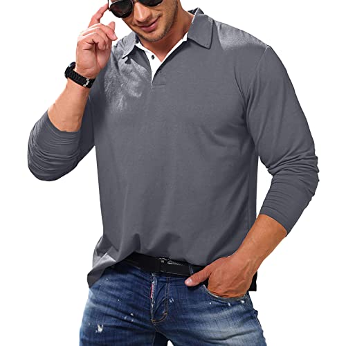 Cooleep Poloshirt Herren Langarm Baumwoll Polo Shirts Männer Long Sleeve Golf Polohemd Langarmshirt Herren Tiefgrau XL von Cooleep