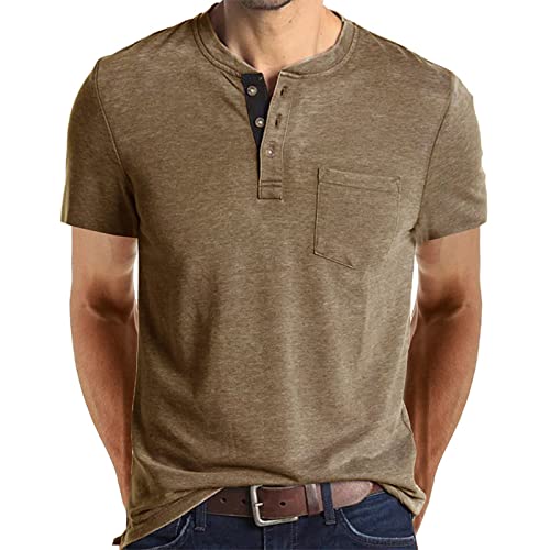 Cooleep T-Shirt Herren Basic T Shirts für Männer Baumwoll Solid Henley Tshirt Herren Kurzarm Beige XXL von Cooleep