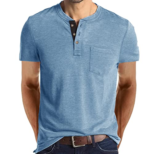 Cooleep T-Shirt Herren Basic T Shirts für Männer Baumwoll Solid Henley Tshirt Herren Kurzarm Blau XL von Cooleep