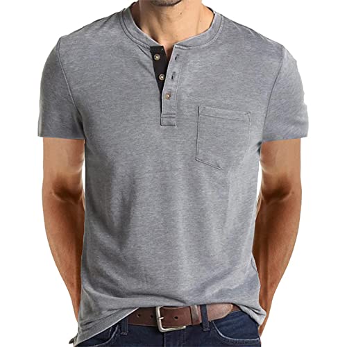 Cooleep T-Shirt Herren Basic T Shirts für Männer Baumwoll Solid Henley Tshirt Herren Kurzarm Hellgrau XXL von Cooleep