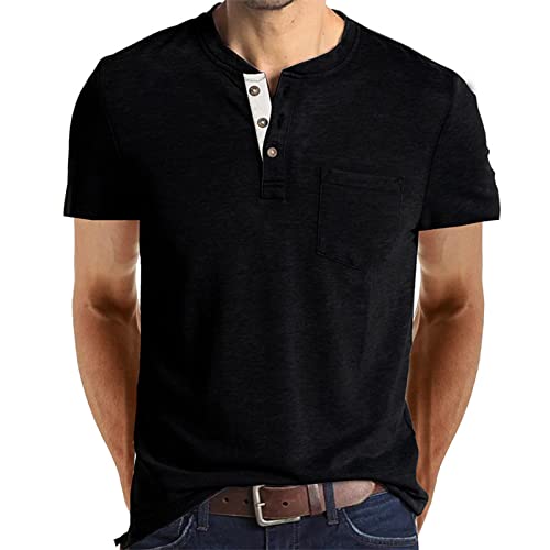 Cooleep T-Shirt Herren Basic T Shirts für Männer Baumwoll Solid Henley Tshirt Herren Kurzarm Schwarz XXL von Cooleep