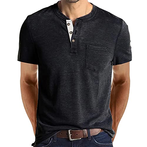 Cooleep T-Shirt Herren Basic T Shirts für Männer Baumwoll Solid Henley Tshirt Herren Kurzarm Tiefgrau L von Cooleep