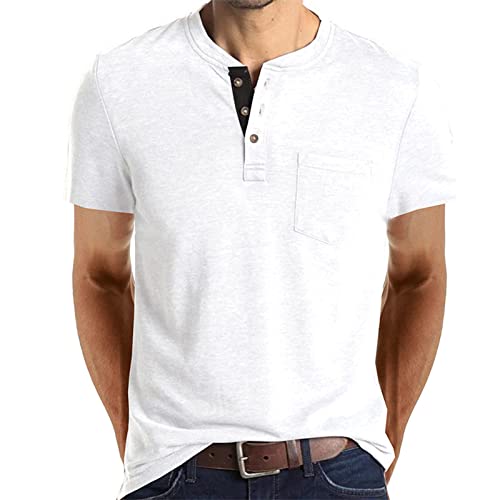 Cooleep T-Shirt Herren Basic T Shirts für Männer Baumwoll Solid Henley Tshirt Herren Kurzarm Weiß L von Cooleep