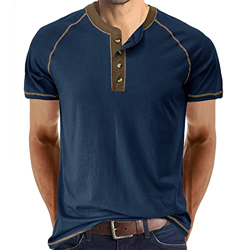 Cooleep T-Shirt Herren Basic Tshirts für Männer Baumwoll Henley Shirt Herren Kurzarm Blau L von Cooleep