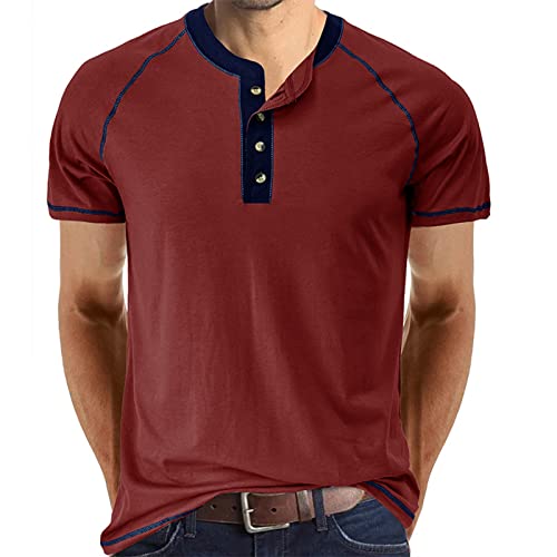 Cooleep T-Shirt Herren Basic Tshirts für Männer Baumwoll Henley Shirt Herren Kurzarm Rot L von Cooleep