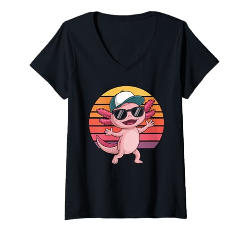 Damen Axolotl Mit Sonnenbrille Und Kappe Retro Sonnenuntergang T-Shirt mit V-Ausschnitt Damen Axolotl Mit Sonnenbrille Und Kappe Retro Sonnenuntergang T-Shirt mit V-Ausschnitt von Cooler Axolotl Sonnenuntergang Retro Stil