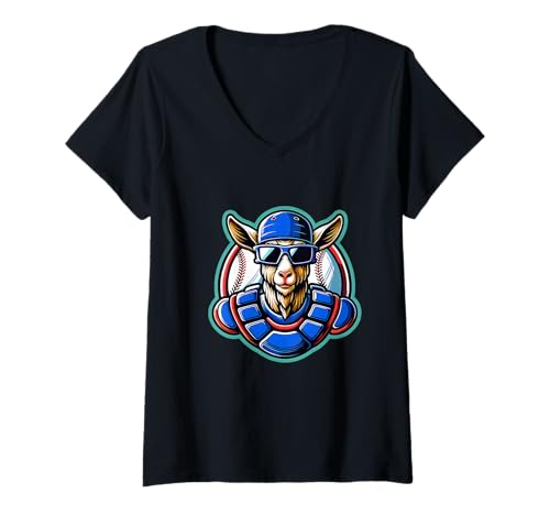 Damen Baseball Känguru Catcher mit Sonnenbrille T-Shirt mit V-Ausschnitt Damen Baseball Känguru Catcher mit Sonnenbrille T-Shirt mit V-Ausschnitt von Cooler Baseball Catcher Pitcher Sport Spaß Ziege