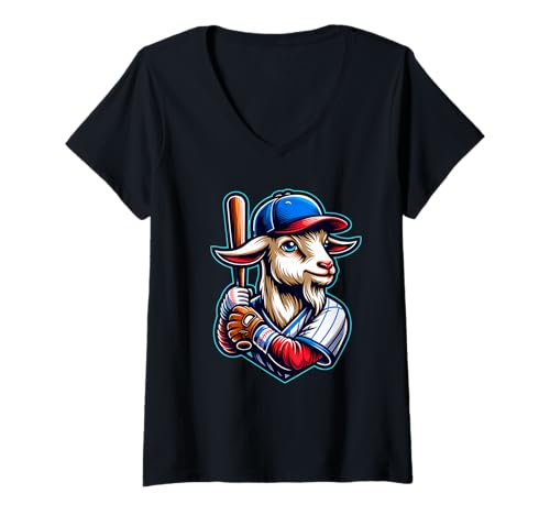 Damen Baseball Ziege Baseballspieler Ziegenliebhaber T-Shirt mit V-Ausschnitt von Cooler Baseball Catcher Pitcher Sport Spaß Ziege