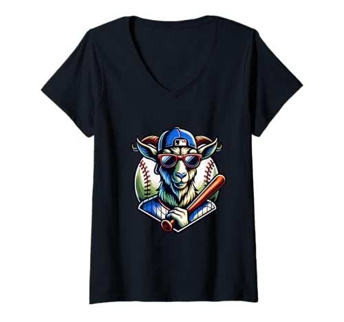 Damen Baseballspieler Ziege Sonnenbrille T-Shirt mit V-Ausschnitt Damen Baseballspieler Ziege Sonnenbrille T-Shirt mit V-Ausschnitt von Cooler Baseball Catcher Pitcher Sport Spaß Ziege