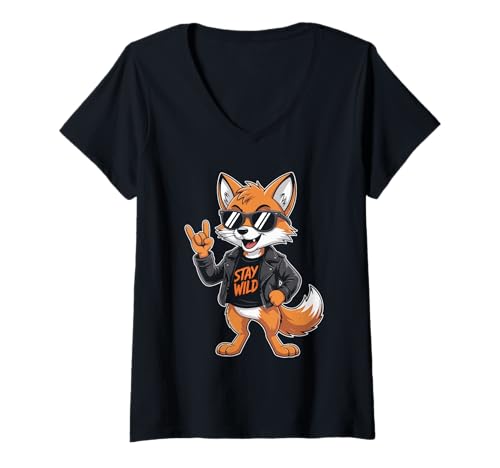 Damen Stay Wild Fuchs Rock Musik Style T-Shirt mit V-Ausschnitt Damen Stay Wild Fuchs Rock Musik Style T-Shirt mit V-Ausschnitt von Cooler Fuchs Rock Musik Abenteuer
