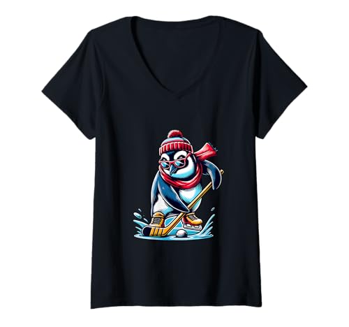 Damen Eishockey Pinguin Mit Coolen Accessoires T-Shirt mit V-Ausschnitt von Cooler Pinguin Eishockey Spieler Stil