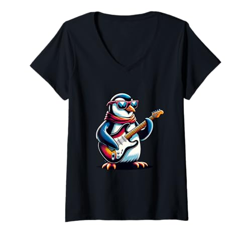 Damen Cooler Pinguin Mit E-Gitarre Und Sonnenbrille T-Shirt mit V-Ausschnitt von Cooler Pinguin Mit E-Gitarre Und Sonnenbrille