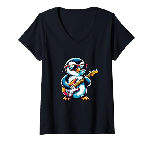 Damen Cooler Pinguin Mit Gitarre Und Sonnenbrille T-Shirt mit V-Ausschnitt von Cooler Rock Pinguin Mit Gitarre Brille