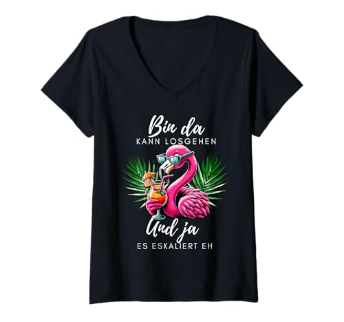Damen Lustiger Flamingo Spruch Partyurlaub Cocktail T-Shirt mit V-Ausschnitt von Cooler Sommer Flamingo mit Sonnenbrille Grafik