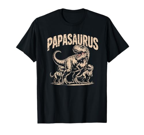 Herren Papasaurus T-Rex Dinosaurier Papa und Vater mit 2 Kindern T-Shirt von Cooles Dino Papa Design Vatertag Geschenk