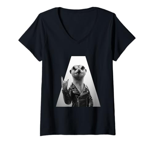 Damen Retro Lustiges Erdmännchen Rock Musik Geschenk Mann Kinder T-Shirt mit V-Ausschnitt von Cooles Erdmännchen Funny Outfit Frauen Männer Kind