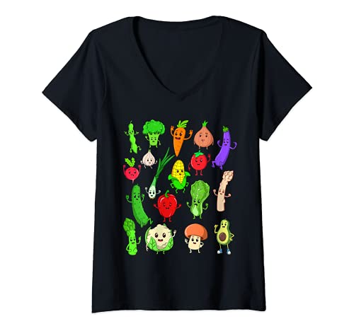 Damen Comic Kawaii Gemüse T-Shirt mit V-Ausschnitt von Cooles Gemüse mit Armen und Beinen