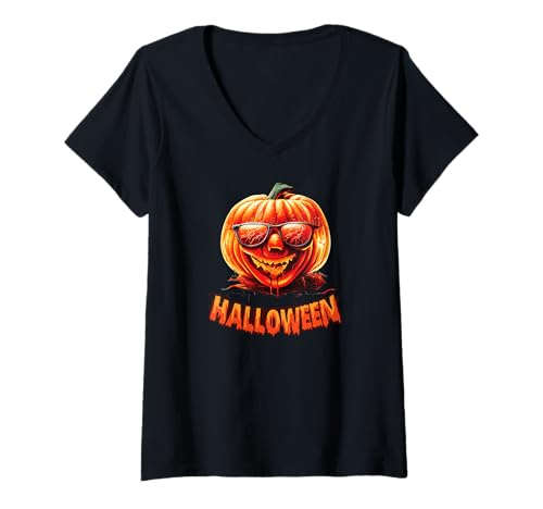 Damen Lustiges Halloween Kostüm Kürbis Gesicht Herren Damen T-Shirt mit V-Ausschnitt von Cooles Kostüm Halloween Blut Fasching Karneval