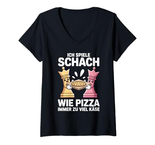 Damen Lustiger Schachspieler Spruch Spiele Schach Pizza Viel Käse T-Shirt mit V-Ausschnitt von Cooles Schach Design Für Anfänger und Profis