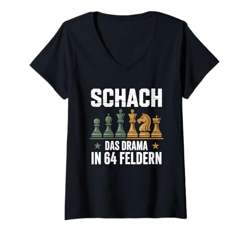 Damen Schachspielen Schach Drama 64 Felder Schachfiguren Denksport T-Shirt mit V-Ausschnitt von Cooles Schach Design Für Anfänger und Profis
