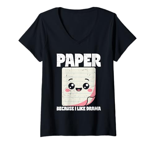 Damen Schere Stein Papier Spruch - Paper Because I Like Drama T-Shirt mit V-Ausschnitt von Cooles Spiel Apparel Für Schule Und Universität