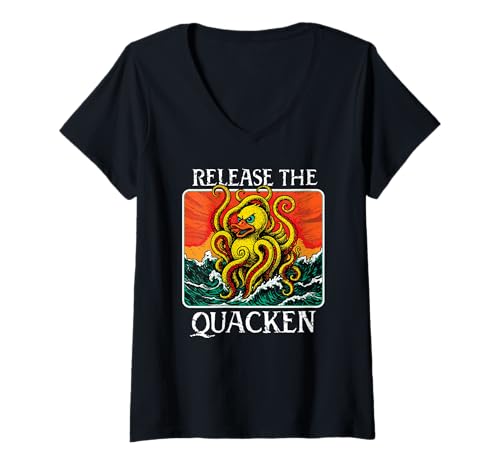 Damen Release The QUACKEN Gummiente Seemonster Kraken Wortspiel lustig T-Shirt mit V-Ausschnitt Damen Release The QUACKEN Gummiente Seemonster Kraken Wortspiel lustig T-Shirt mit V-Ausschnitt von Coolest Shirts On Earth