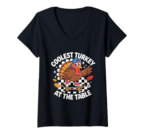 Damen Lustiger Coolest Turkey at The Table Skateboarder Familie Humor T-Shirt mit V-Ausschnitt Damen Lustiger Coolest Turkey at The Table Skateboarder Familie Humor T-Shirt mit V-Ausschnitt von Coolest Turkey Holiday Skateboard family matching