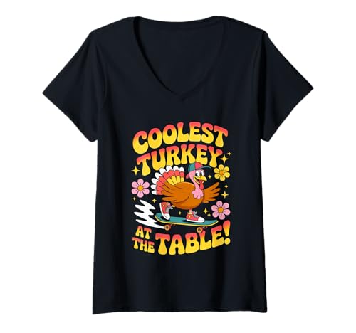 Damen Lustiger Coolest Turkey at The Table Skateboarder Familie Humor T-Shirt mit V-Ausschnitt Damen Lustiger Coolest Turkey at The Table Skateboarder Familie Humor T-Shirt mit V-Ausschnitt von Coolest Turkey Holiday Skateboard family matching