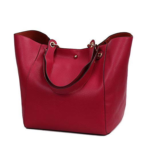 Coolives Damen 2 in 1 Shopper Schultertasche aus PU-Leder Vintage Taschen Hobo Handtasche Elegant Henkeltasche Eimer Tasche für Dame Rot EINWEG von Coolives