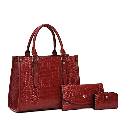 Coolives Damen Handtaschen-Set Damentasche aus PU-Leder mit Krokodilledermuster Henkeltasche Handtasche Tasche Umhängetasche Schultertasche Damenhandtasche Taschen，für Frauen Mutter Rot von Coolives