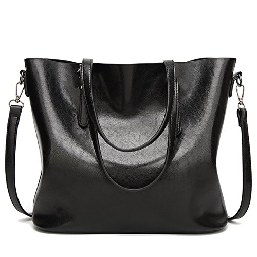 Coolives Damen Tote Shopper Tasche Schultertasche mit Schultergurt Umhängetasche Handtasche aus PU-Leder Schwarz EINWEG von Coolives