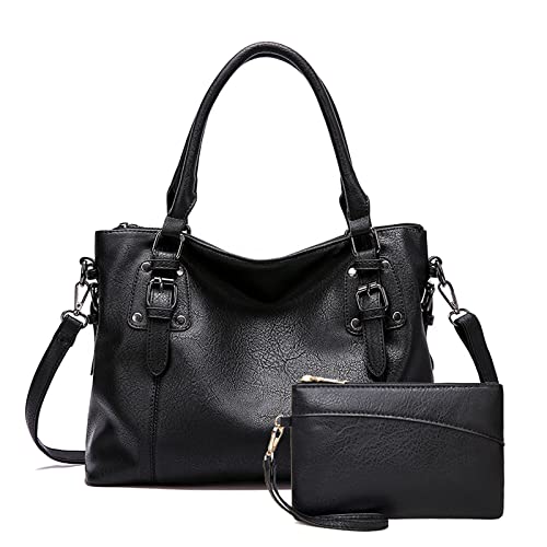 Coolives Damenhandtasche Set aus PU-Leder Damen Hobo Handtasche Tasche Vintage Schultertasche Hobo Damentasche Henkeltasche Umhängetasche Retro Taschen für Frauen Mutter Schwarz von Coolives