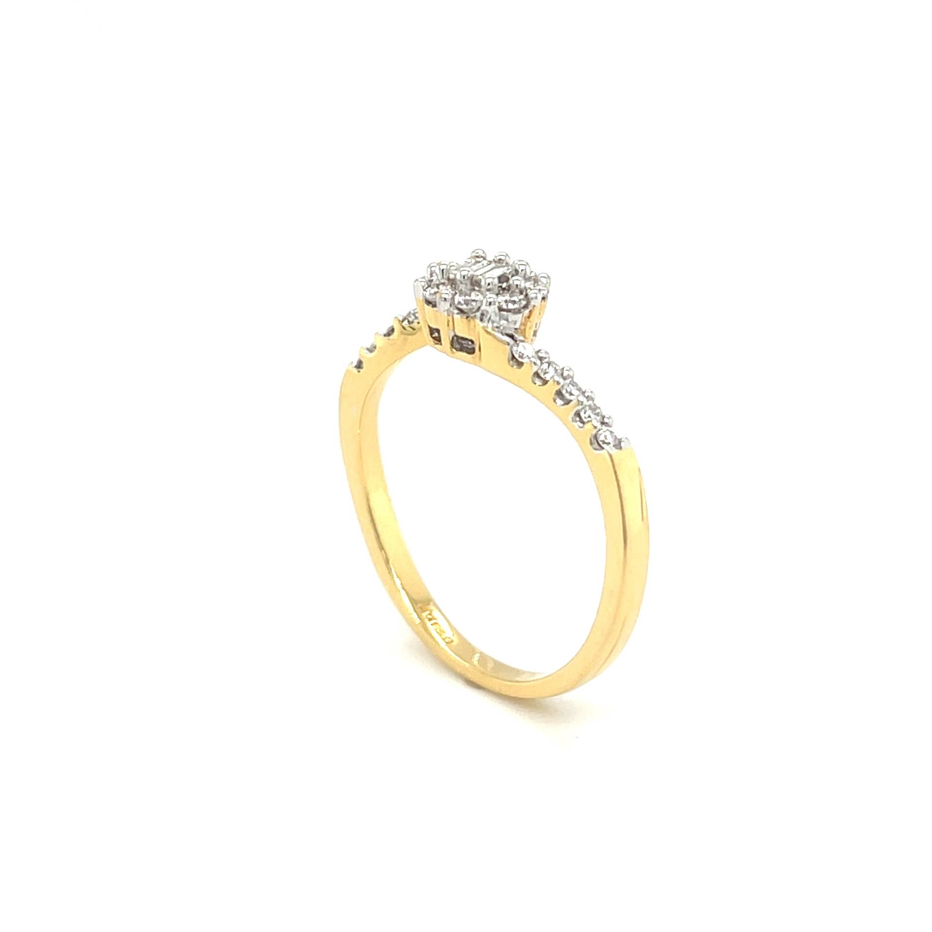 Vor-Besitz 18Ct Gelbgold Baguette Diamant Zentrum Mit Einem Brillanten Geschnittenen Halo, Gewicht 0, 28 Ct, Uk Markenzeichen, Handgemachte Größe N von Coolrocksjewellery