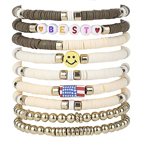 Cooluckday Surfer Heishi Clay Armbänder für Frauen Bohemian Stapelbare Gold Perlen Stretch Armbänder 4. Juli Armbänder Elastische Layering Freundschaftsarmbänder Set Boho Schmuck Stil 1, Metall von Cooluckday
