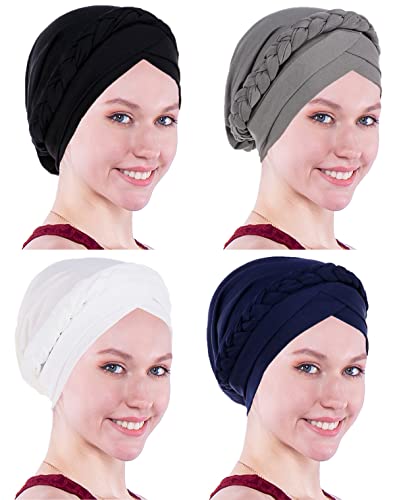 Coolwife Chemo Krebs Turban-Kappe, verdrehte Zöpfe, Haarabdeckung, Wickeln, Haarausfall, Abdeckung, Hüte, Kopfbedeckung, 4 Stück, schwarz, weiß, grau, marineblau, Einheitsgröße von Coolwife